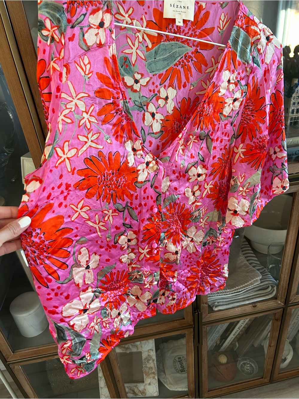 Sézane 100% Silk Pink Floral V-Neck Women's Blouse - Picture 6 of 14